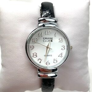 Cruise Club Faux Leather Quartz Hinged Cuff Watch - Silver/Black, 29mm